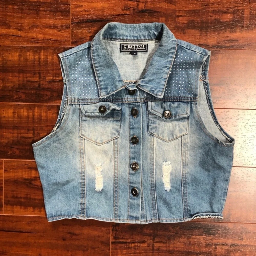 Light Blue Destroyed Cropped Jean Vest Top